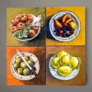 Set 4 Oil Paintings Still Life Fruit Vegetables Kitchen 12 X 12 Original Signed